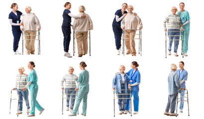 Fototapeta premium Set of young caregiver and elderly woman with medical walker on white background