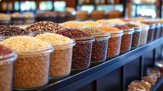Endless Row of Transparent Jars Brimming with Various Bulk Grains on Display