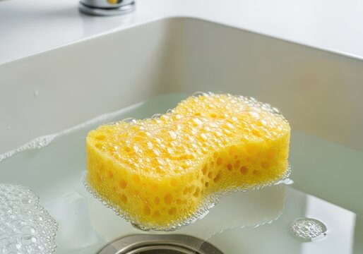 Wet porous cleaning sponge soaking in a clear, bubbly sanitizing liquid in a small kitchen sink basin or sturdy glass bowl after heavy use, sanitation, purity, germs