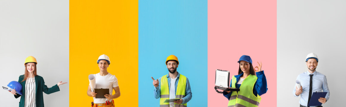 Set of different engineers on color background