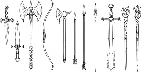 Fantasy Weapons Collection Hand Drawn Outline Illustration. © HexaFrame