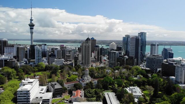 Sky Tower and Auckland city Downtown with Skyscrapers, economic hearth of New Zealand. Drone