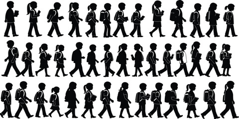 School children silhouettes walking with backpacks and books, students in different poses isolated on white background for education design use