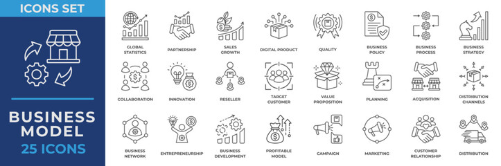 Business Model Icon Collection Set. Containing Statistics, Partnership, Sales Growth, Digital Product, Quality, Policy, Process, Strategy, Collaboration, Innovation icon. Line Vector Illustration.