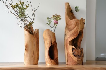 Fototapeta premium Three unique wooden vases carved from tree trunks, showcasing natural wood grain and texture, holding dried flowers and plants on a wooden table