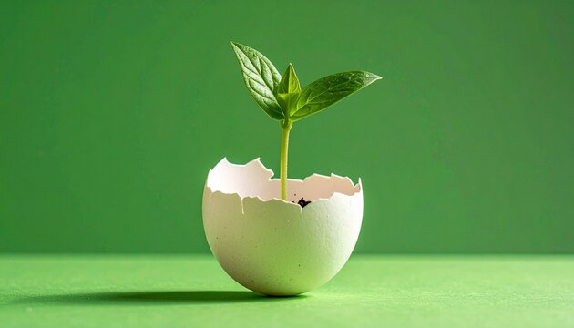Green plant sprouting from cracked eggshell on green surface with green background