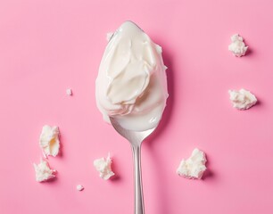 A spoon covered in yogurt n a pastel pink background