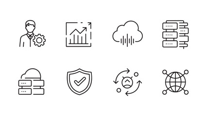 Set of vector icons representing business and technology concepts like data analysis, cloud computing, security, and global network