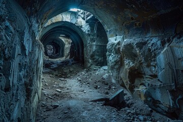 Fototapeta premium Crumbling walls and scattered debris fill an abandoned underground tunnel system, creating a scene of decay and desolation
