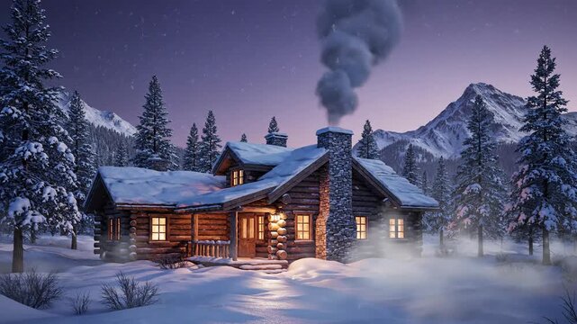 Cozy log cabin in snow at night with glowing windows and chimney smoke, mountains and trees in background