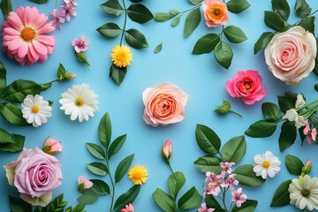 Spring background, flat lay concept of fresh Spring lowers vivid colors on a pstel blue background. Fiel flowers, roses and leaves Generative AI.
