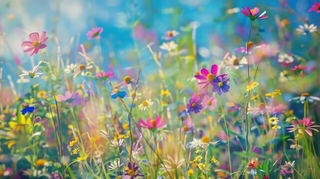 A lush field blooming with a variety of colorful wild flowers.