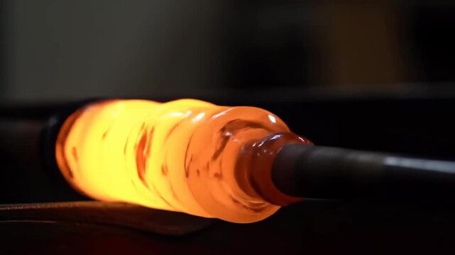 Molten glass being shaped on a l rod, glowing with intense heat.