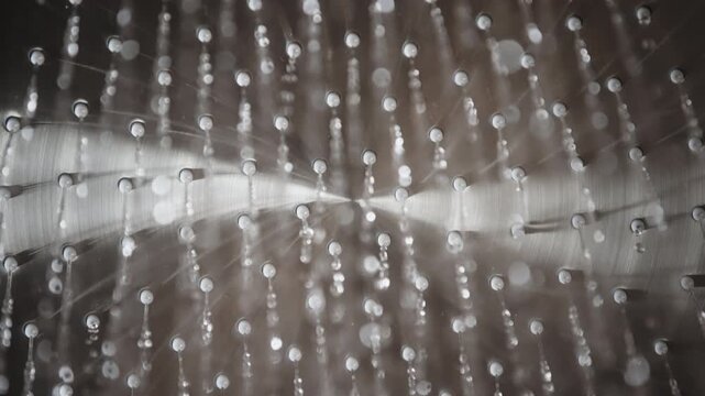 Close-up looking up shot round stainless steel rainfall shower head in modern design bathroom as water begins to flow and stops. Thin streams emerge from holes creating gentle cascade in slow motion