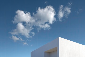 Modern architectural structure with white walls juxtaposed with fluffy, white clouds against a blue sky