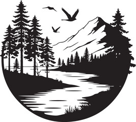 Fototapeta premium Circular mountain landscape silhouette with river pine forest and flying birds