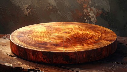 Obraz premium Rustic wooden cutting board with beautiful wood grain texture and warm tones.
