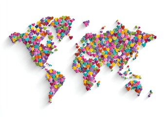 Obraz premium A world map outline, constructed from a colorful collection of small, heart-shaped forms
