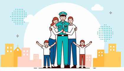 Family embracing soldier in uniform in cityscape, Veterans Day celebration