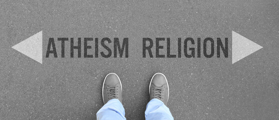 Person standing on asphalt road, top view. Concept of choice