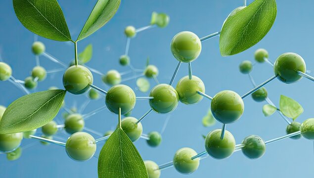 Close-up view of a molecular structure with spherical green atoms and fresh green leaves