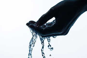 Silhouette of a hand cupping water as it streams downward against a stark white background