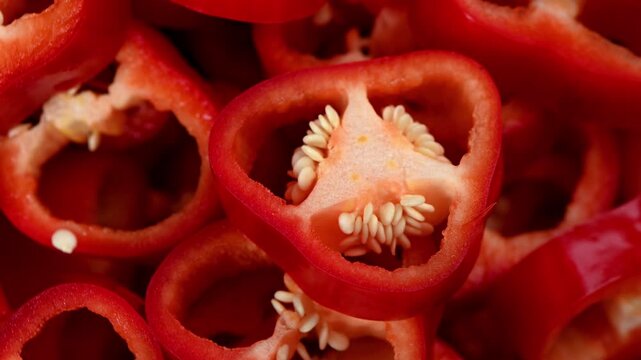 Freshly sliced red Capia pepper pieces rotating slowly on a deep black background. Vibrant red color, glossy skin, visible inner membrane and seeds. Clean precise cuts, organic sweet pepper, healthy v