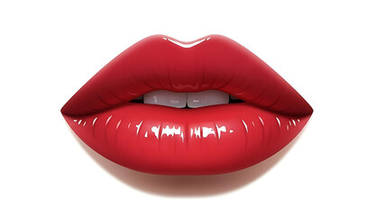 Closeup of red glossy lips with white teeth on white background