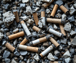 Cigarette butts scattered on crushed stones and gravel outdoors