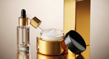 Luxury gold cosmetic set with serum bottle and cream jar, product photography