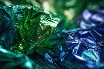 Close-up of crumpled, reflective foil in shades of green and blue, soft focus background