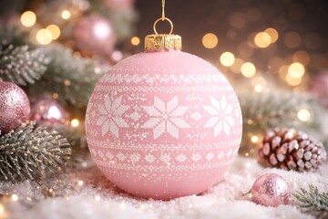Christmas ball pastel pink against dark background, traditional folklore knitted pattern.