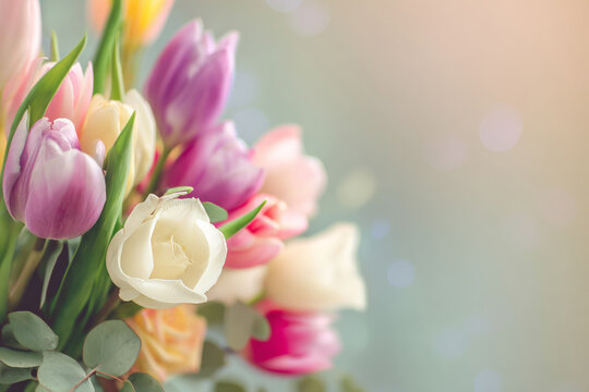 Abstract spring floral background with tulips, roses, and soft light glow, vibrant yet soft colors, International Women's Day festive theme for graphic design