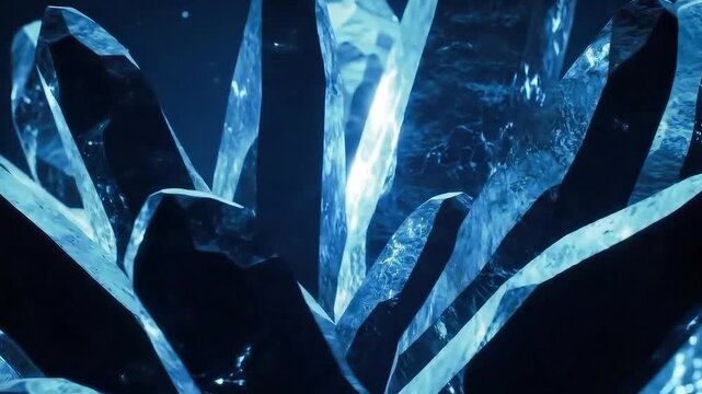 Cinematic Macro Shot Of Dark Jagged Blue Crystals Glowing With Ethereal Light In A Mysterious Abstract Environment