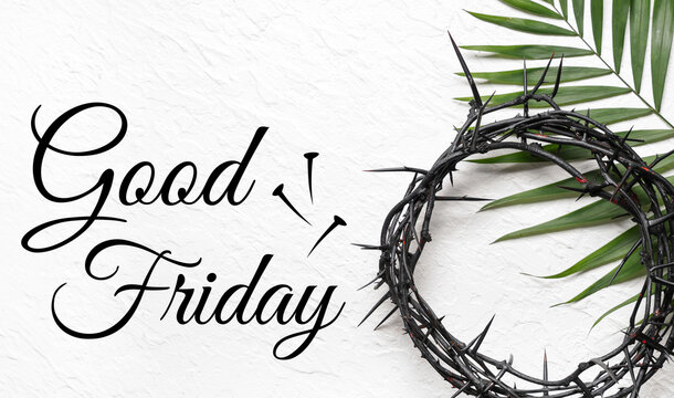 Crown of thorns with palm leaf on white grunge background. Good Friday concept