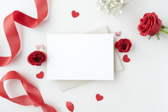 Cute greeting card mockup with Valentine message, surrounded by small roses, ribbon, soft shadow on white background, minimalistic and elegant flat lay for product marketing