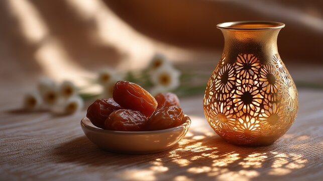 Orientalische Laternen mit ornamentalem Muster neben Dattelteller in warmem stimmungsvollem Licht