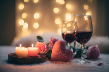 Romantic candlelit setup with wine, roses, heart-shaped decorations, soft bokeh background, intimate warm Valentine's evening aesthetic for lifestyle stock photography
