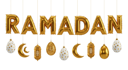 Ramadan mubarak isolated on transparent background with hanging moon and lantern decorations
