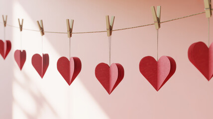 Folded red paper hearts garland for Valentine&rsquo;s Day