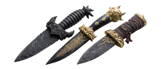 Three intricately designed daggers displayed on a neutral background, showcasing craftsmanship (1)