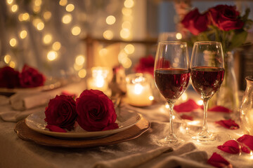 Valentine's candlelit dinner table with red roses, wine glasses, and glowing fairy lights, soft warm atmosphere, intimate and romantic stock photography
