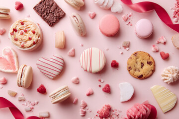Valentine's themed flat lay of sweets including macarons, chocolates, cookies, ribbons, pastel background, commercial dessert photography