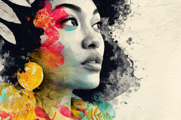 Watercolor expressive portrait of woman with bold yet soft color transitions, floral patterns overlay, artistic celebration of individuality and empowerment for Women's Day