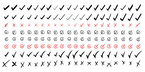 Green check mark and red cross icon set, circle and square. Tick symbol in green color. Hand drawn checkmark illustration © Hikestudio3