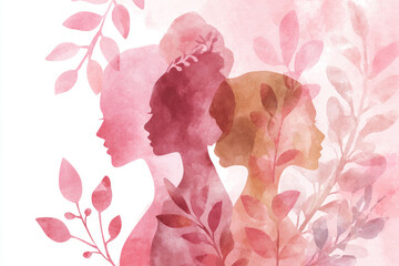 Watercolor feminine silhouette painted in delicate pink washes with botanical ornaments, soft expressive shapes celebrating International Women's Day grace