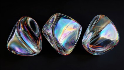 Three abstract crystalline forms with iridescent surfaces, reflecting light against a dark backdrop