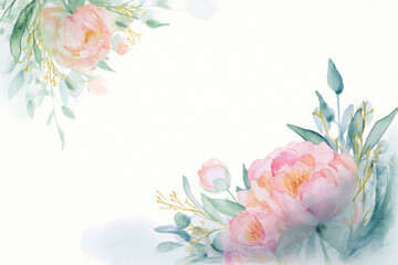 Watercolor frame of peonies and greenery with soft fading edges, pastel colors, elegant composition allowing space for Women's Day greeting text
