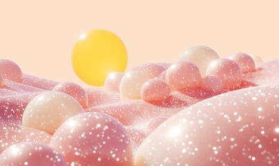 Surreal, abstract composition with iridescent orbs on a soft, textured surface