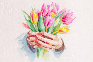 Watercolor illustration of hands holding bouquet of tulips, soft brush strokes, pastel hues, gentle shadows, symbolic International Women's Day gesture of appreciation